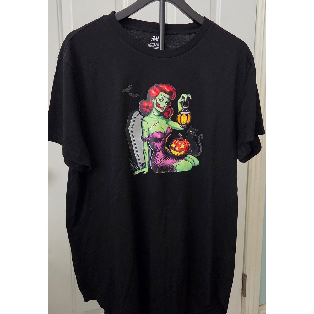 HM Black Long Fit Bride of Frankenstein Pin Up Graphic Tee XL Halloween Horror